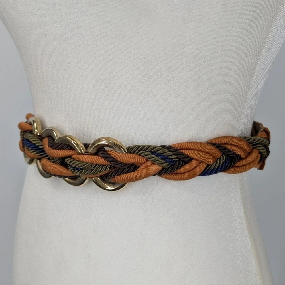 Vintage Ginnie Johansen Inc. Dallas Brown Gold Braided Velcro Belt Small Medium